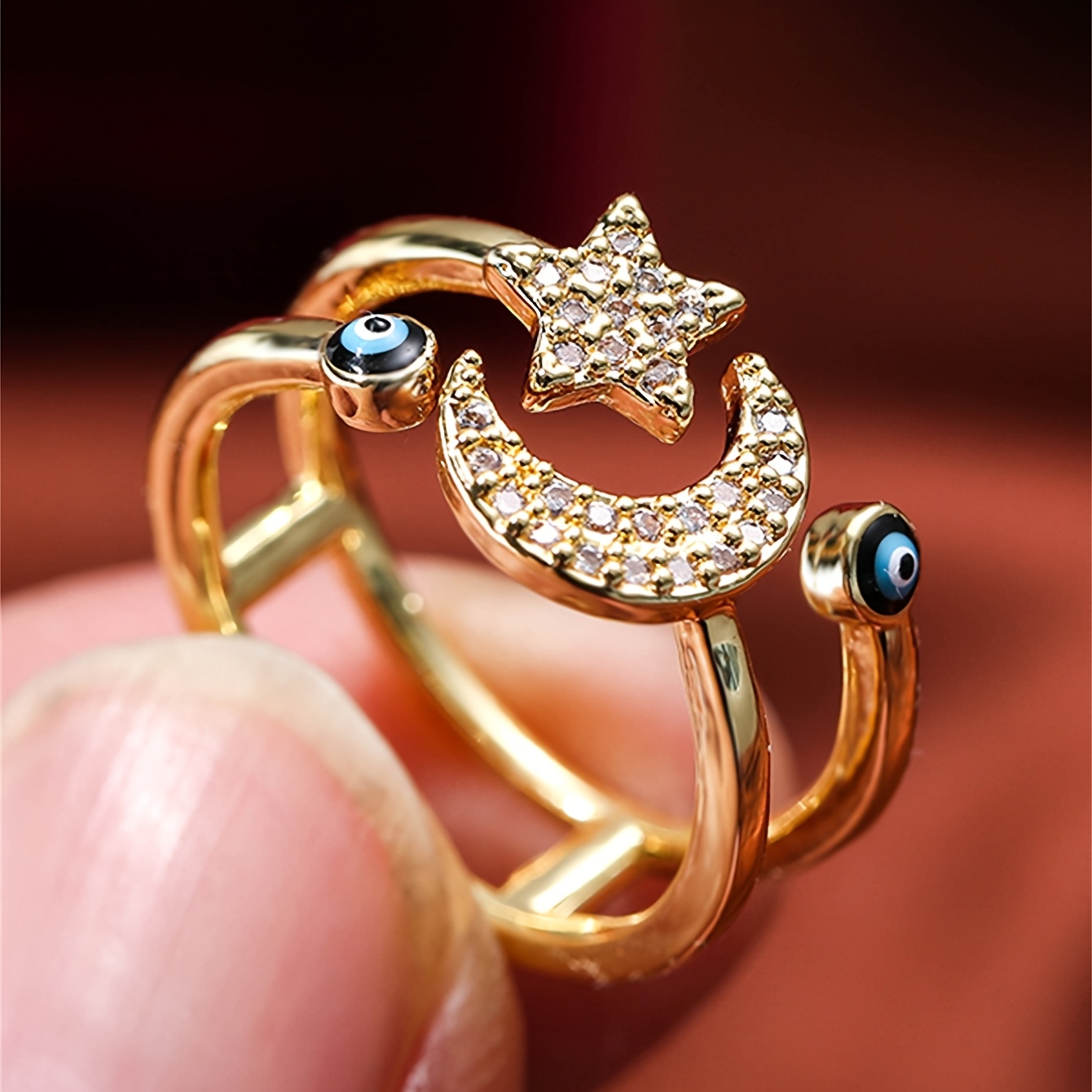 Copper Adjustable Ring with Zirconia Star and Moon for Women